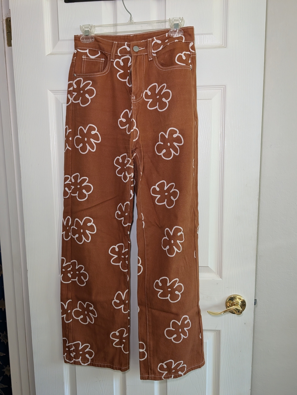 SHEIN Brown Wide-Leg Pants with White Floral Print